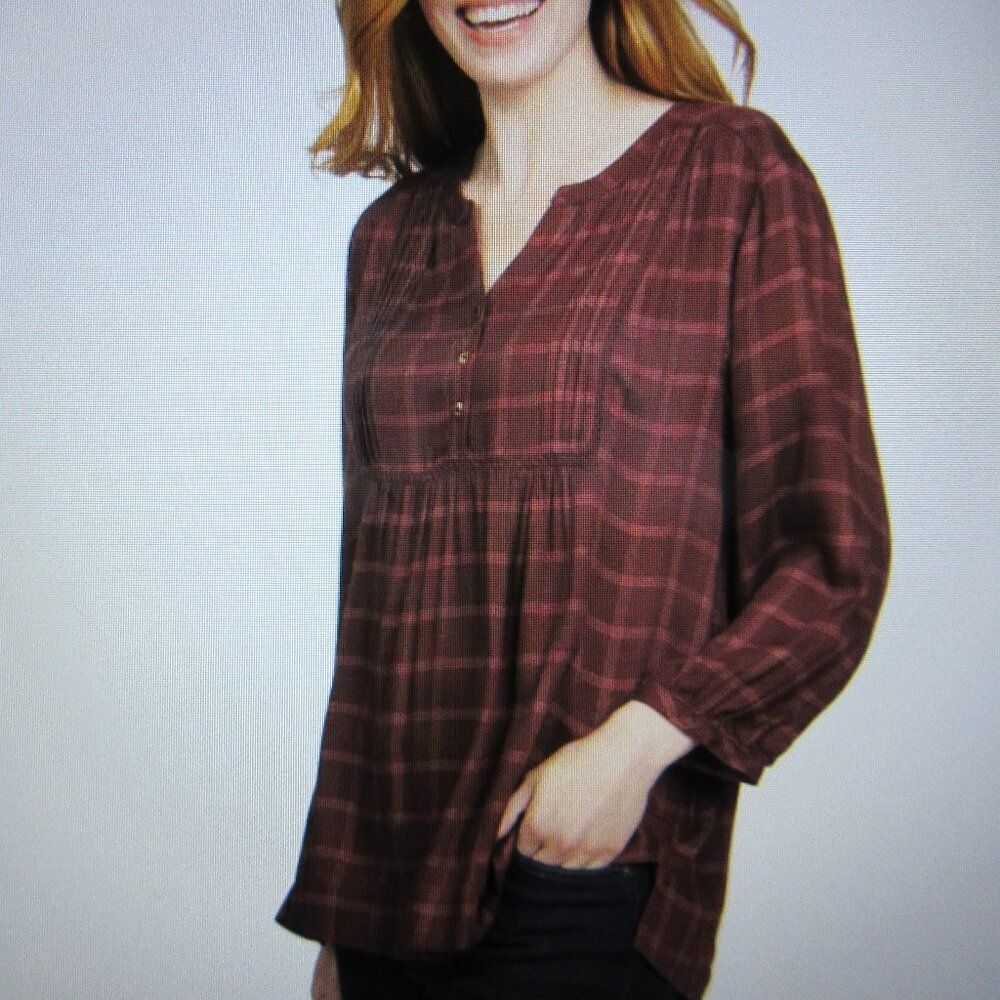 WRANGLER Ladies Brown Rust Plaid Popover Blouse Sz M (8-10)Tunic Shirt Top NWT
